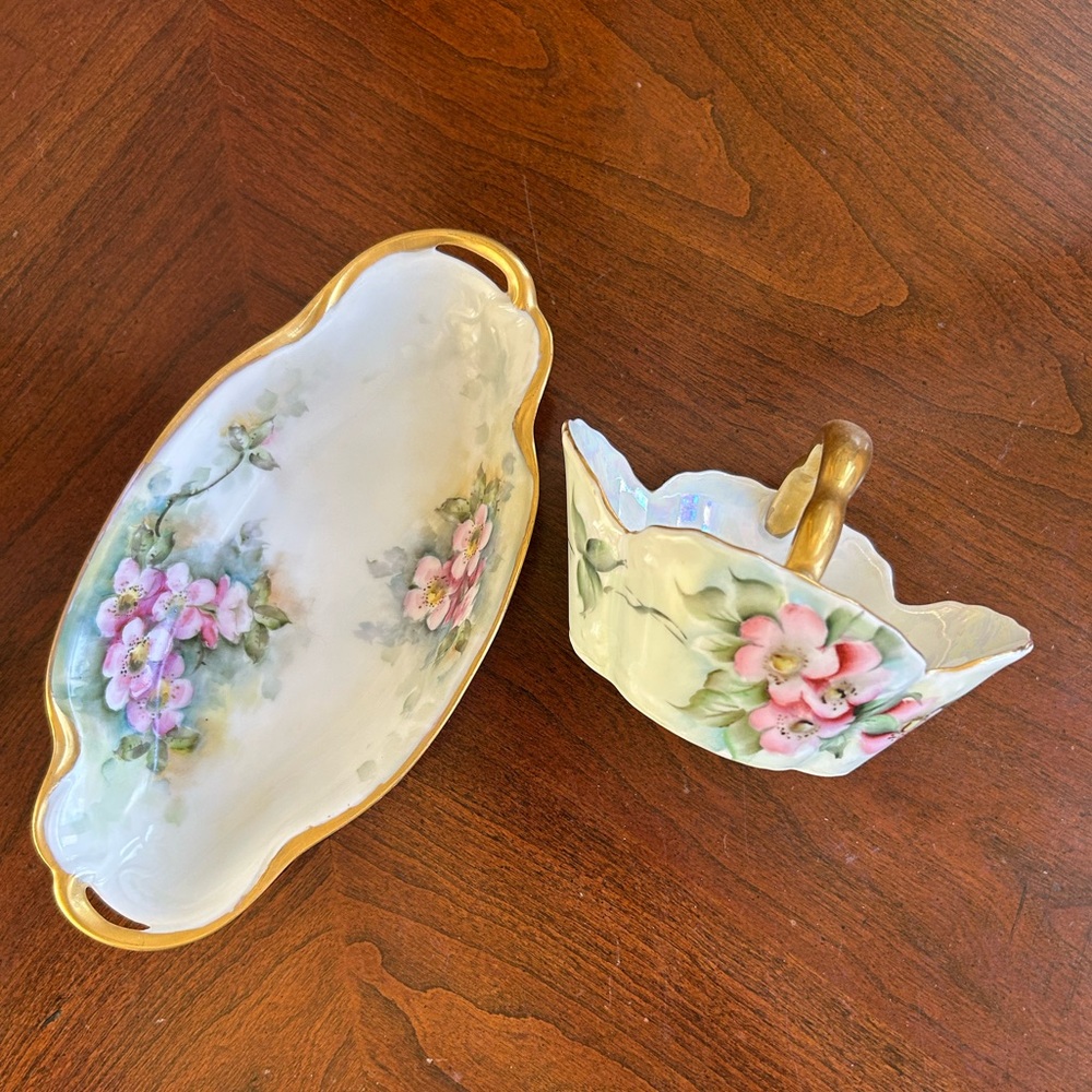 Antique Jeager & Co Bavaria floral Porcelain Dish and basket with Gold Accents
